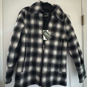 Woolrich Black and White Plaid Zip-Up Pea Coat